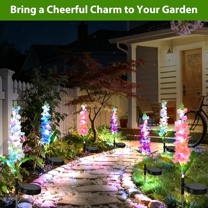 4 Pack Color Changing Solar Lights Delphinium Flower Decorative Lights | Auto ON/Off,Outdoor Waterproof,Garden Lights for Spring Lawn Pathway Landscape Birthday Gifts for Mom Women Grandma