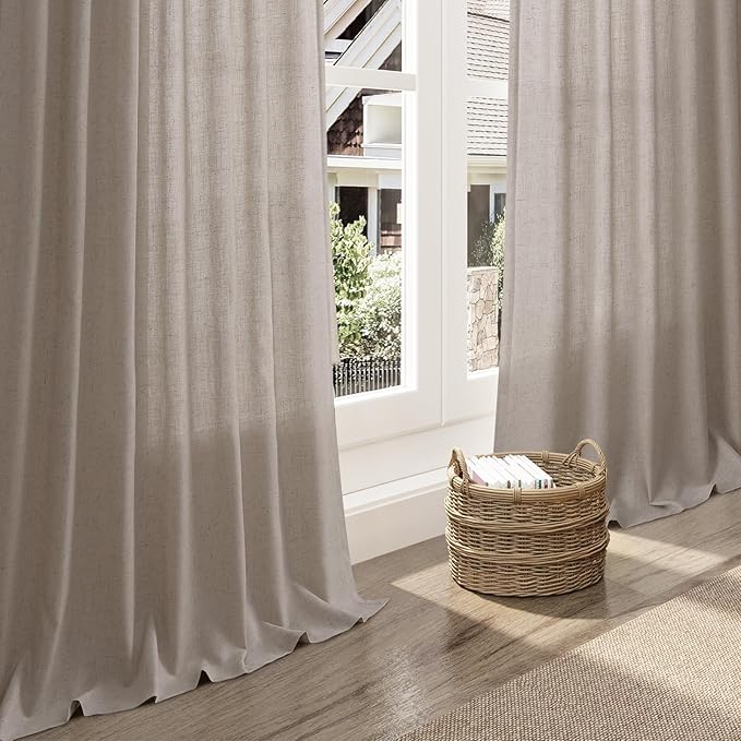 Nanspring Stone Beige Linen Curtains 96 Inches Long for Living Room Simple Modern Luxury Light Filtering Semi Sheer Curtain Back Tab Farmhouse Decor Drapes for Bedroom Office 52x96, 2 Panels