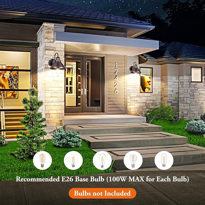 Brightever Gooseneck Porch Lights Outdoor, 2-Pack Farmhouse Exterior Barn Light Fixtures, Waterproof Industrial Brown Patio Wall Lamps for Garage, E26 Base Anti-Rust, Bulb not Included