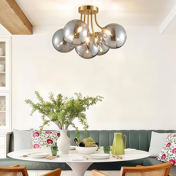 Gold Bubble Glass Chandelier 5-Light, Glass Sputnik Flush Mount Ceiling Light for Living Room, D16'' x H12'', G9*5 Sockets, Globe Bubble Light Chandelier with Grey Ball Smooth Shade