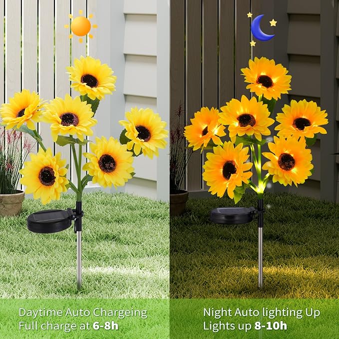 6-Pack Solar Sunflower Garden Decor, 36 LED Flower Stake Lights - Waterproof Long-Lasting Outdoor Solar Patio Decor for Lawn, Yard & Pathway