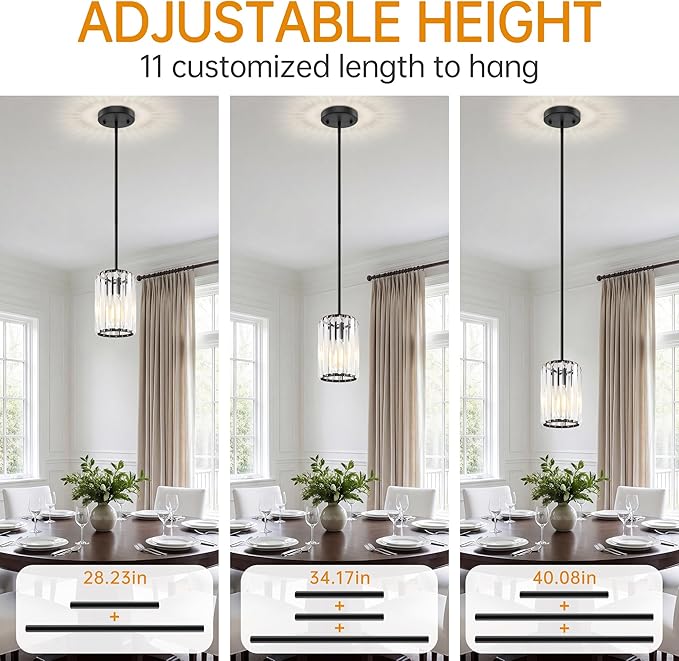 Black Pendant Light, Modern Crystal Pendant Lights Kitchen Island, Kitchen Island Lighting with Adjustable Height, UL Certified Island Lights for Kitchen Dining Room Bedroom Hallway 1 Pack