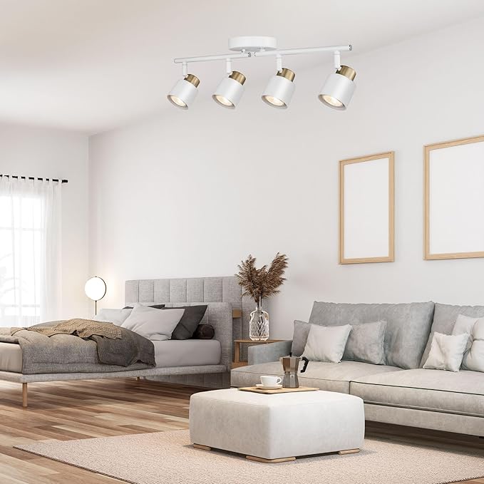 4 Light Track Lighting Kit, Matte White Brass Finish Adjustable with Modern Flush Mount Ceiling Spotlight for Kitchen,Dining,Living Room,Home Improvement