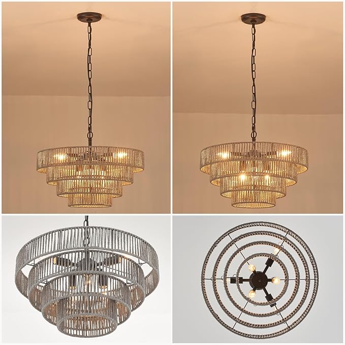 20” Hand-Woven Rattan Chandelier 6-Lights Transitional Minimalist 4 Round Boho Large Coastal Pendant Light for Kitchen Island Dining Room Living Room Hallway, Gray, UL Listed