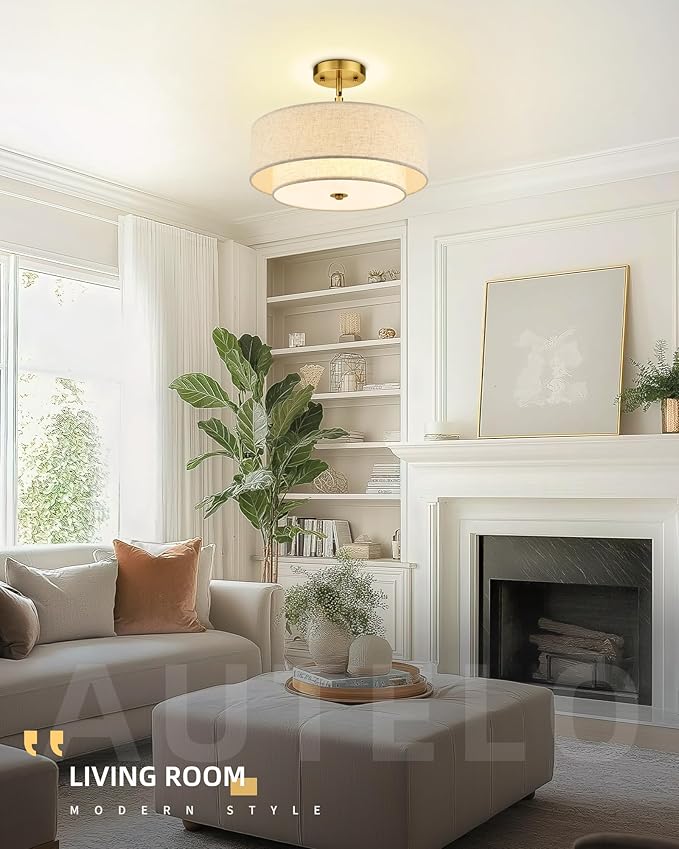 AUTELO Gold Semi Flush Mount Ceiling Light, 3-Light 16" Ceiling Light in Brushed Gold Finish with Drum Fabric Shade for Hallway Bedroom Kitchen, C2506 BG-16