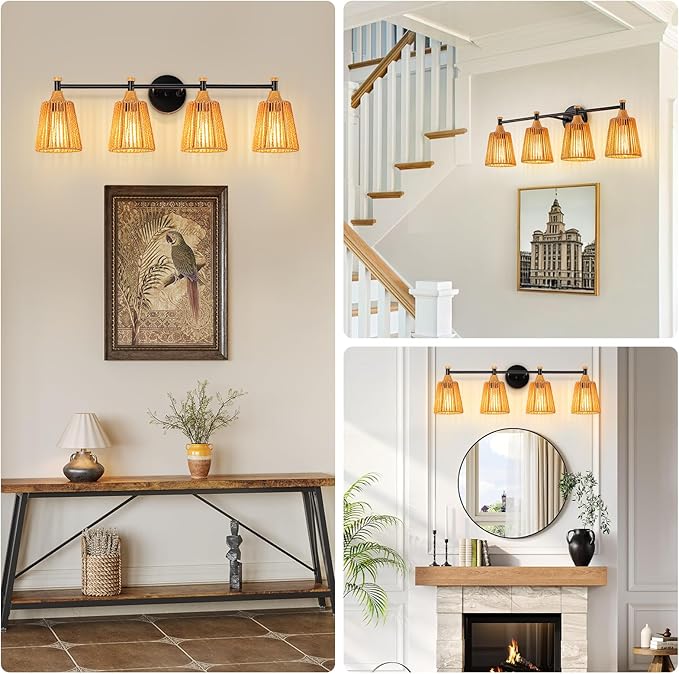 Bathroom Light Fixtures Vanity Lights Over Mirror, Rustic Farmhouse Rattan Wall Sconce with Boho Hand Woven Wall Lamp Natural Style Wall Mounted Light (30in - 5 Light)