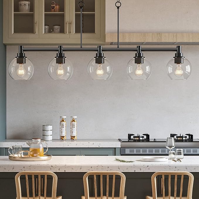 VONLUCE Dining Room Light Fixture Over Table, 5-Light Kitchen Island Lighting with Round Glass Shades & Adjustable Hanging Heights, Linear Chandlier for Dining Room Kitchen, Black, ETL Certificated