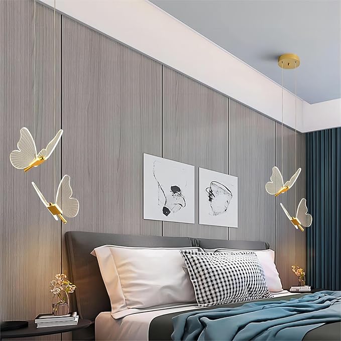 2 Lights Butterfly Gold Pendant Light, 13.8 Inch LED Acrylic Hanging Lamp for Bedroom, Living Room, Kitchen Island (Gold, Butterfly)