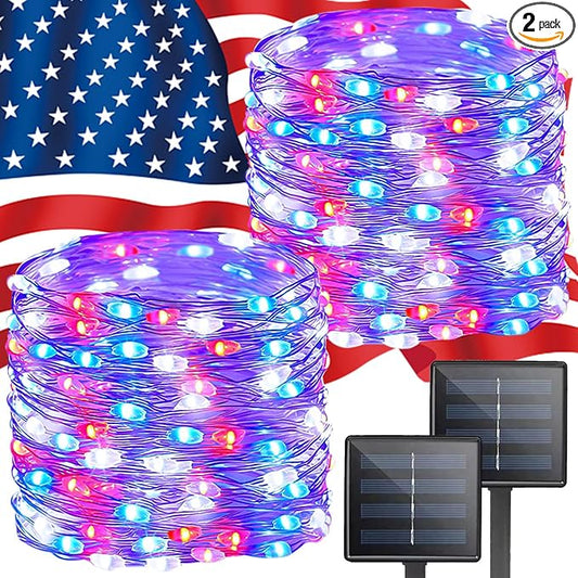 4th of July Red White and Blue Solar String Lights Outdoor, 2 Pack 80FT 200 LED Solar Fairy Lights for Independence Day Decor, Outdoor Twinkle Lights Waterproof with 8 Modes, Garden Yard