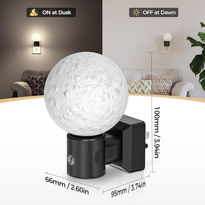 DORESshop Moon Night Light, Night Lights Plug into Wall, Dusk-to-Dawn Sensor, 3D Design 5000K Daylight White, Dimmable Nightlights Indoor for Bathroom, Bedroom, Hallway, Stairs