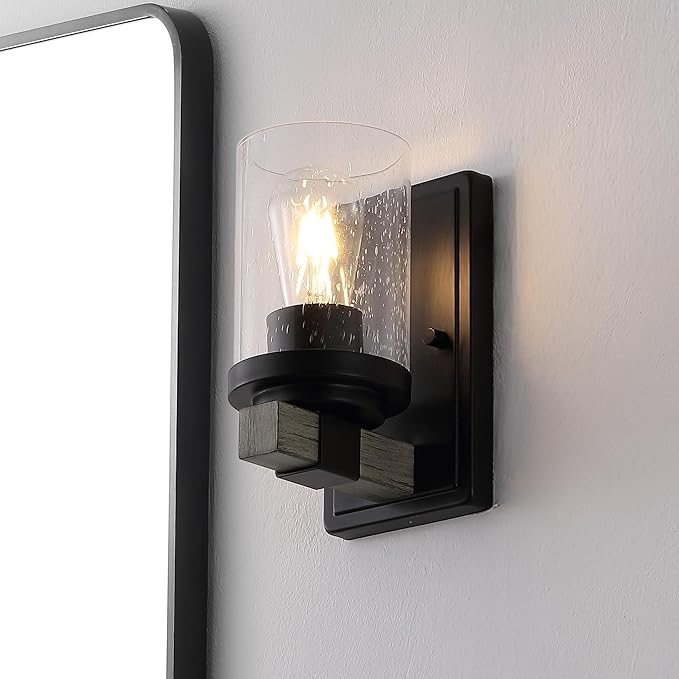 JONATHAN Y 4.5" Black/Gray Oak Wood Finish 1-Light LED Vanity Light, Rustic Farmhouse Sconce, Clear Seeded Glass Shade, Industrial Wall Lamp for Bathroom Mirror, Kitchen Sink, LED Bulb (JYL7507B)