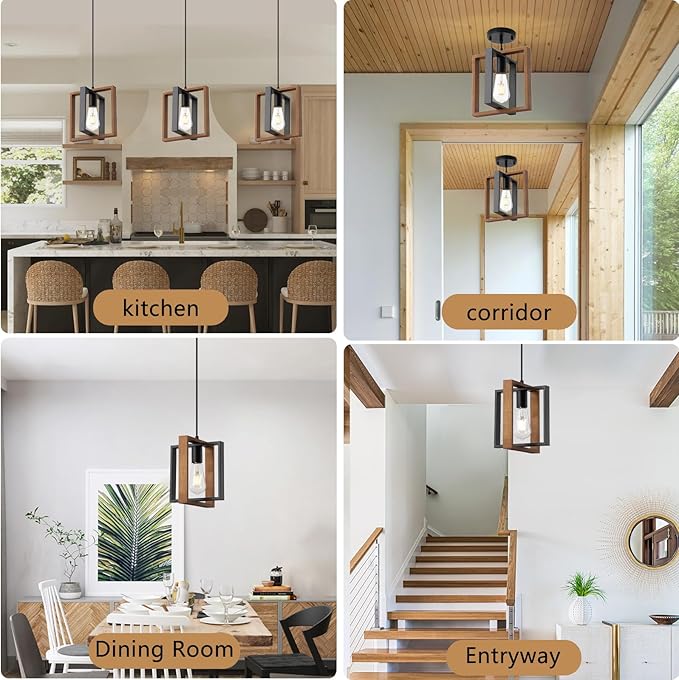 9MMML Industrial Small Pendant Lighting, Farmhouse Kitchen Island Hanging Lamp with Cord, Wood+Metal,1 Light E26 Fixture for Dining Room Bedroom Hallway Entryway,9.5 inch