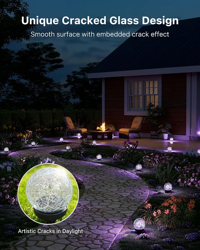 8 Pack Multicolor Solar Powered Cracked Glass Ball Lights Outdoor Waterproof LED RGB Ambiance Orbs Lamps for Outside Garden, Patio, Table, Walkway, Stairs, Lawn, Landscape Decor with Durable Stakes