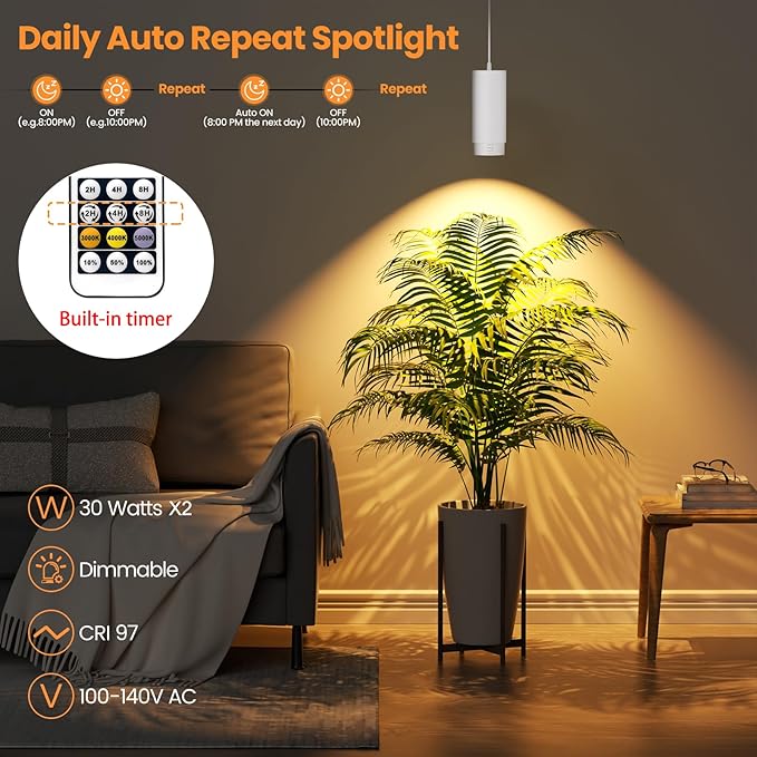 Zoomable Remote Pendant Grow Lights with Auto On/Off Timer, 2X 30W Full Spectrum LED Plant Light 2700K-6000K Dimmable Plug in Hanging Lights for Indoor Plants 20FT Power Cord, White 2PCS