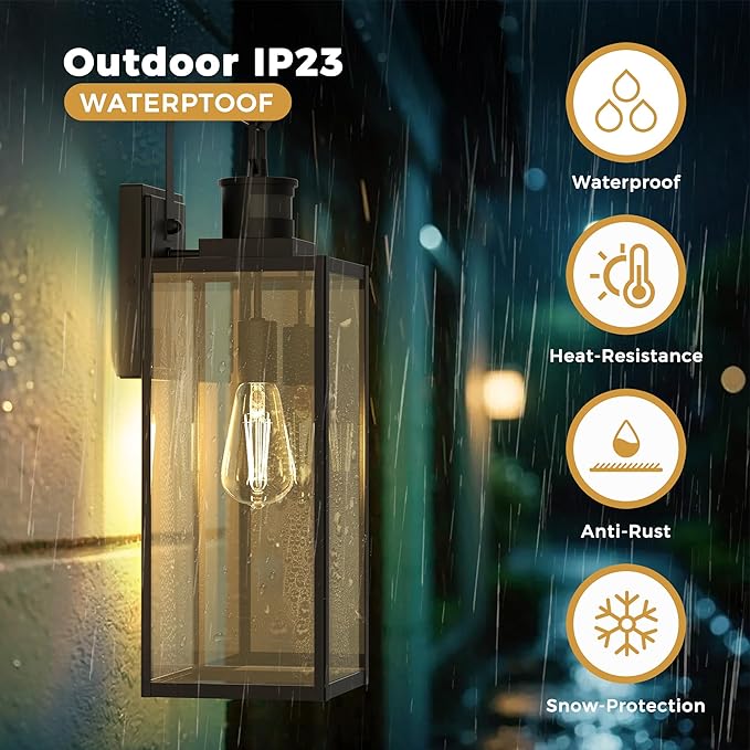 DORESshop Large Size Motion Sensor Outdoor Wall Lights, 20 Inch Matte Black Waterproof Anti-Rust Outdoor Light Fixtures Wall Mount with Clear Glass Shade for Porch, Garage, ETL Listed, 2 Pack