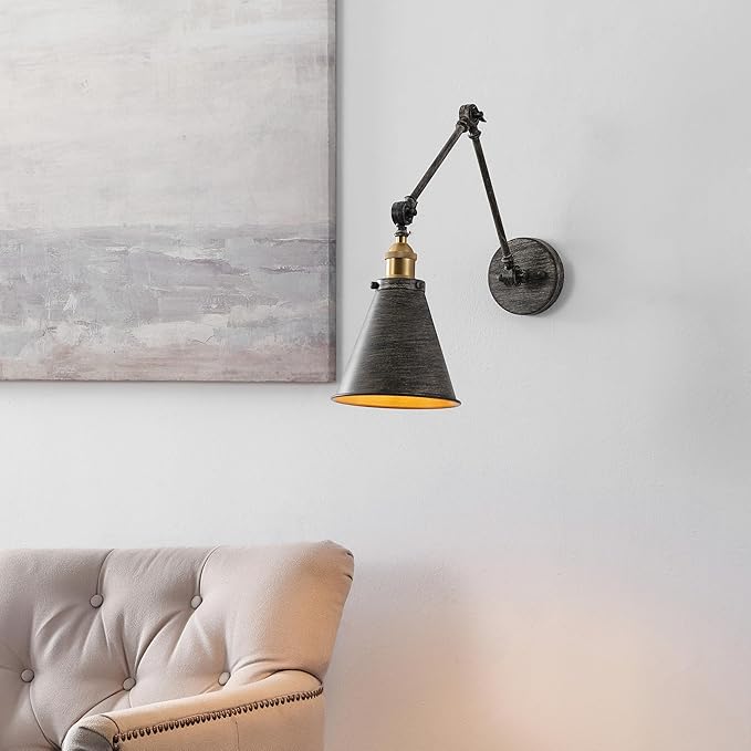 JONATHAN Y 7" Rustic Dark Gray/Brass Gold Classic Industrial Metal Adjustable Arm LED Wall Sconce for Bedside Reading, Farmhouse Swing Arm Wall Lamp with Metal Shade, Hardwired (JYL7462D)