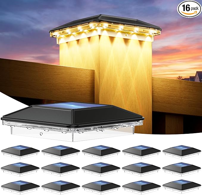 16 Pack 4x4 Solar Post Cap Lights Outdoor, 3 Modes 16 LED Fence Post Solar Lights, Focused Lens Deck Fence Post Lights Solar Powered Waterproof, Fits 4x4 3.5x3.5 Vinyl Wooden Posts for Deck Post