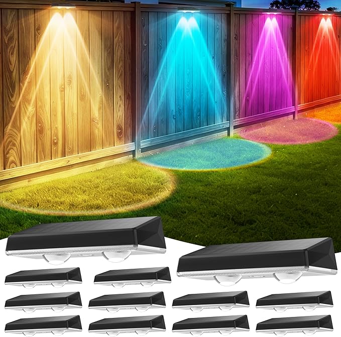 Solar Fence Lights Outdoor, 12-Pack Fence Lights Solar Powered Waterproof IP67 with 8 Color Modes, Dusk to Dawn Auto-Work Solar Lights for Wall, Patio, Garden, Backyard