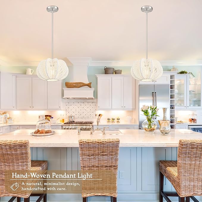 White Rattan Pendant Light 12.6 in Hemp Rope Rattan Light Fixture Woven Pendant Wicker Chandelier Boho Chandelier for Kitchen
