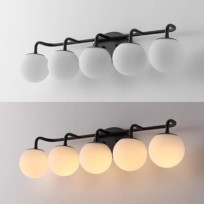 JONATHAN Y 33" Black Modern Globe Wall Sconce Vanity Light for Bathroom, White Frosted Glass Shade, Midcentury Parisian Bistro Wall Lamp, LED Bulb Included (JYL3559B)