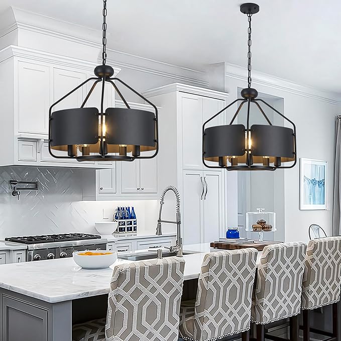 21'' Black Farmhouse Chandeliers for Dining Room, Vintage Industrial Large Drum Chandelier, Rustic Round Coastal Pendant Light Fixtures Adjustable Hanging for Kitchen Island Foyer Hallway - 5 Light