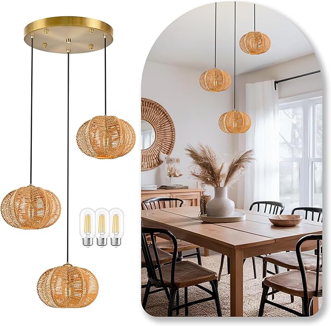 12" Boho Natural 3-Light Boho Chandeliers for Kitchen Island Hand-Woven Boho Rattan Chandeliers Dimmable Adjustable Hanging Chandelier for Dining Room Living Room Hallyway（Bulb Incl.
