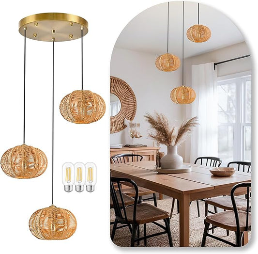 12" Boho Natural 3-Light Boho Chandeliers for Kitchen Island Hand-Woven Boho Rattan Chandeliers Dimmable Adjustable Hanging Chandelier for Dining Room Living Room Hallyway（Bulb Incl.