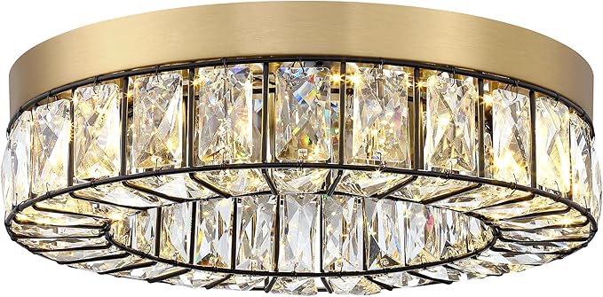 MEXO Crystal LED Flush Mount Ceiling Light Fixtures Modern Black and Gold LED Chandelier Lighting for Kitchen Closet Hallway Bedroom Foyer Laundry Room