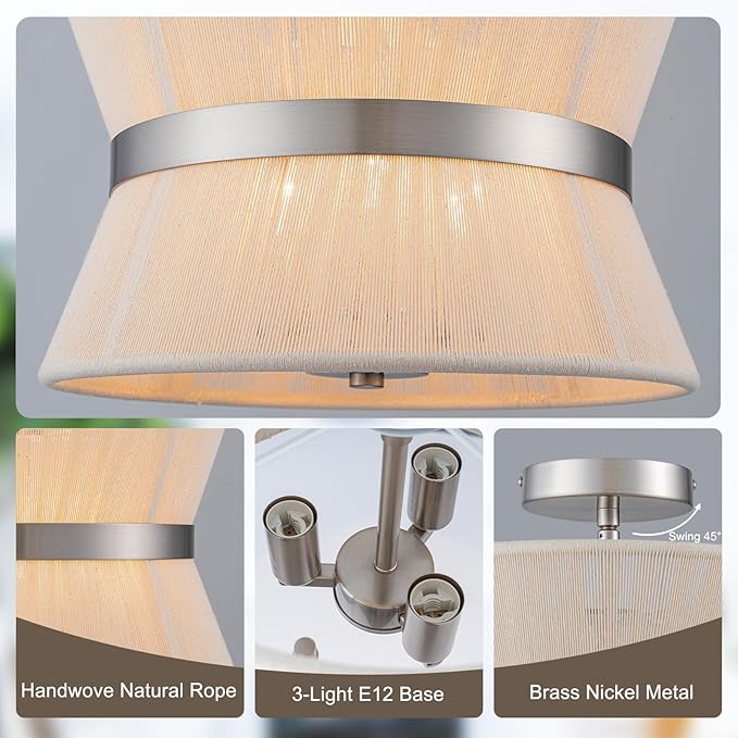 Brushed Nickel Semi Flush Mount Ceiling Light Fixture 12.6” Modern Drum Bedroom Ceiling Lighting 3-Light Beige Close to Ceiling Lamp for Kitchen Living Dining Room Hallway Bathroom Entryway Foyer