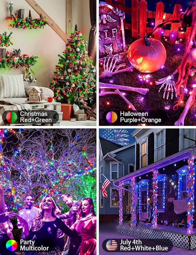 echosari Christmas Lights 33Ft RGB Color Changing IC, 100 LED Smart String Light with App Control, Music Sync Wreath Lights for Yard Garden Tree Decor (Dark Green Cable)