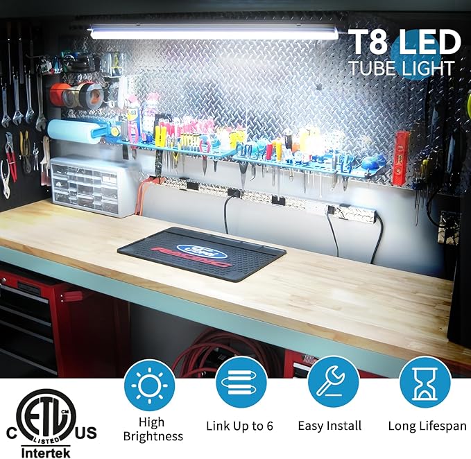 SHOPLED 4FT LED Shop Light, 48W 7200LM 6000K Cool White, D-Shape 300° Beam Angle, Linkable T8 LED Tube Lights Fixtures, 4 Foot Shop Lights for Workshop Garage Workbench, ETL Listed, 4 Pack