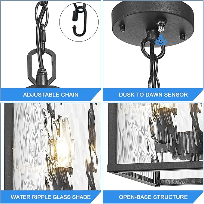 Large Outdoor Pendant Light Black Hanging Light Fixture Ceiling Mount 2-Light Dusk to Dawn, Modern Large Outdoor Chandelier Exterior Pendant Lights with Water Ripple Glass for Porch Patio