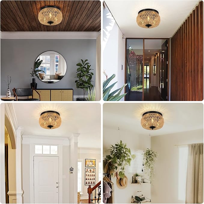 3-Lights Woven Rattan Flush Mount Ceiling Light Fixture with Hand-Worked Cage Shade for Bedroom, Kitchen, Foyer, Porch