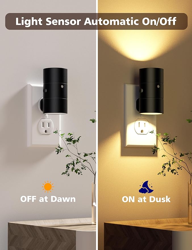 JOFIOS Night Lights Plug Into Wall,Dimmable LED Nightlight with Dusk to Dawn Light Sensor,0-100LM Adjustable Brightness,3 Color Temperatures,Night Light for Hallway Bathroom Stair Bedroom,Black,2 Pack