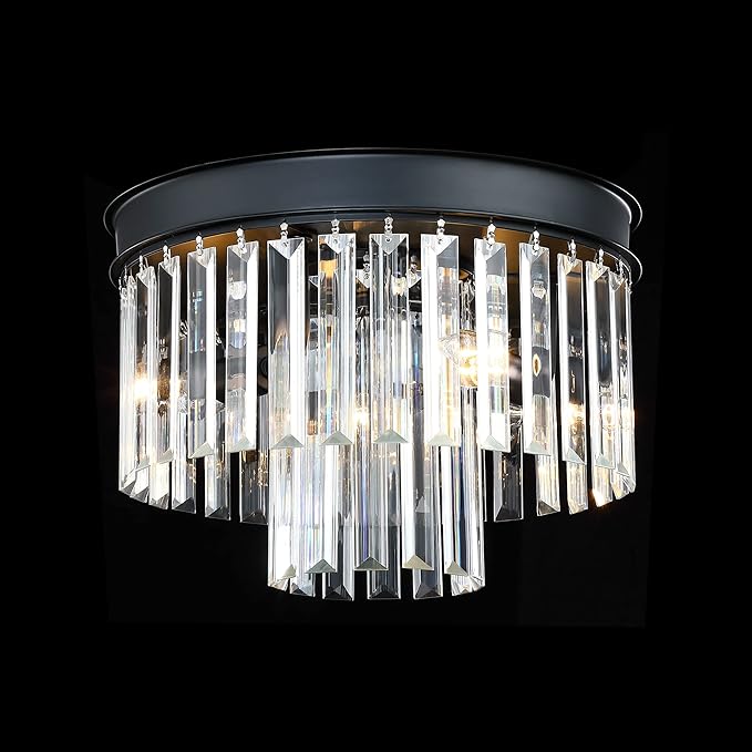 MEXO Crystal Flush Mount Ceiling Light Black Finish,2-Tier Crystal Close to Ceiling Light Fixture for Living Room Bedroom Dinning Room Hallway