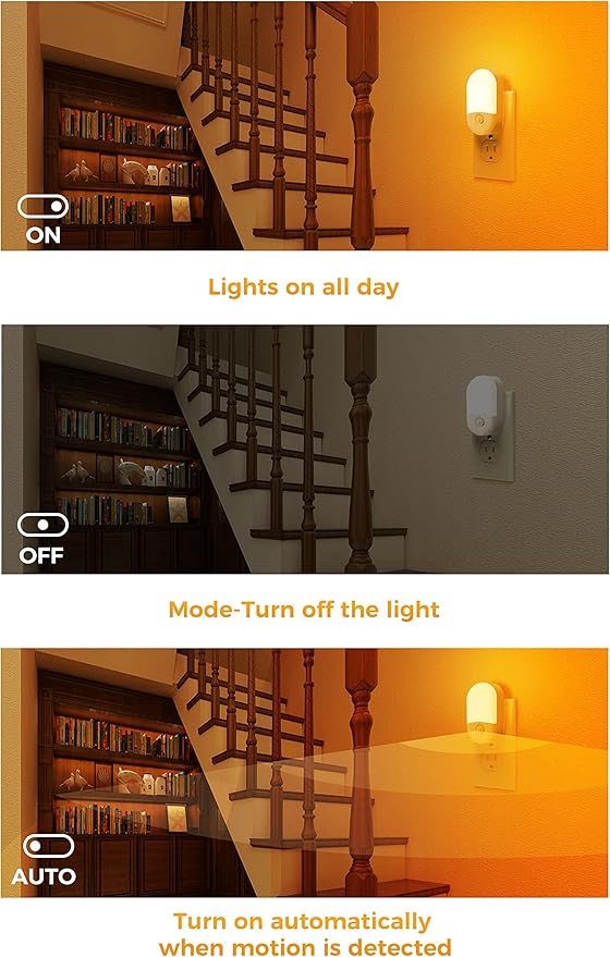 L LOHAS LED Amber Night Light, 2 Pack, Night Lights Plug into Wall Motion Sensor, 0.6W 2000K, LED Nightlights, 30/60LM Adjustable Brightness, Automatic Low Blue Nightlight for Kids, Bathroom, Hallway