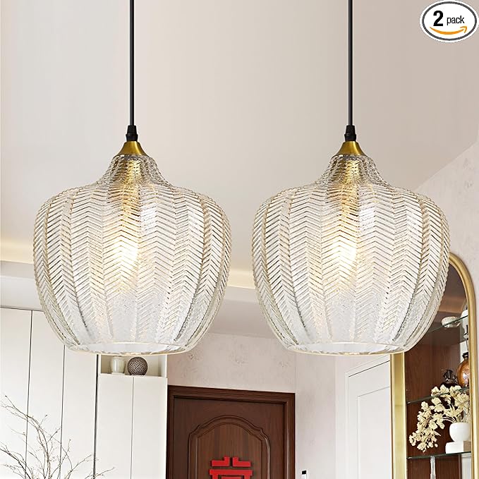 Modern Gold Pendant Light 2 Pack, Clear Glass Kitchen Island Pendant Light Fixture Adjustable Vintage Hanging Ceiling Light for Dining Room Corridor Bedroom 9.45 inch, UL Certification