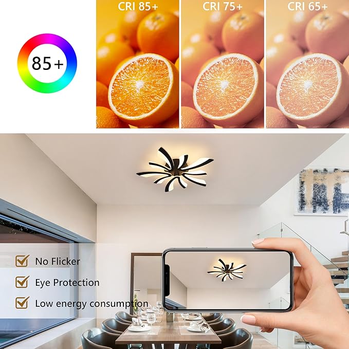 DELIPOP Modern Ceiling Light, 26.7'' Dimmable Black Acrylic V-Shaped LED Flush Mount Ceiling Light, 3000K-6500K with Remote Control for Living Room Bedroom Dining Room