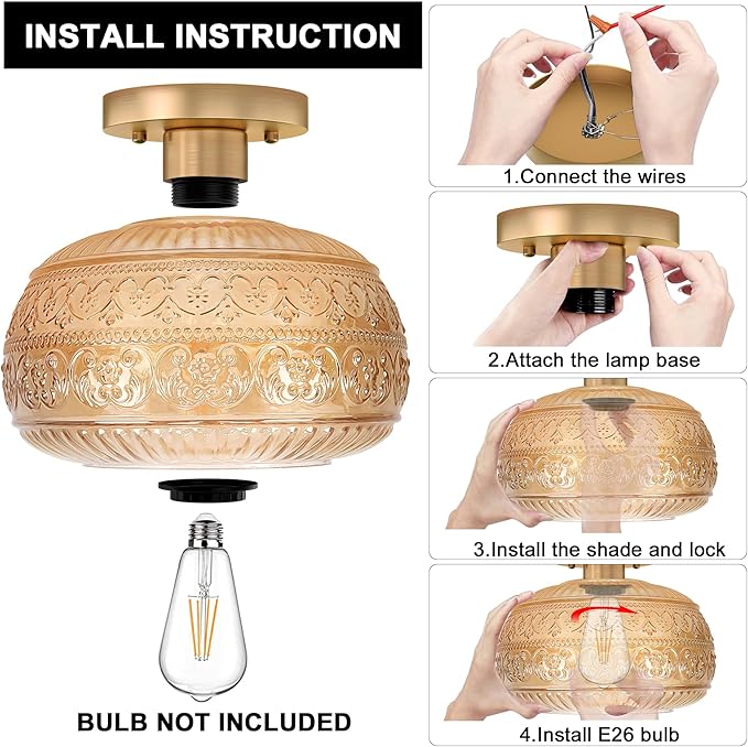 Semi Flush Mount Ceiling Light Fixture, 11" Vintage Gold Hallway Lights Fixture Ceiling with Amber Glass for Kitchen, Hallway, Bathroom and Entry Way,Compatible with E26 Light Bulb