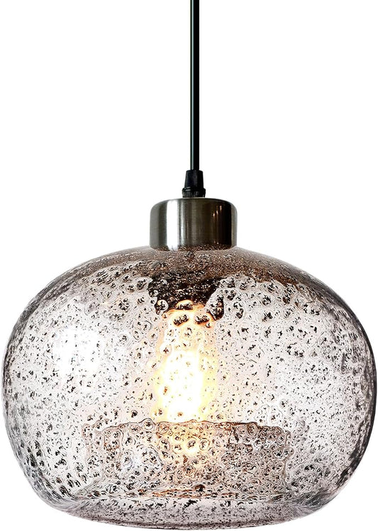 CASAMOTION Pendant Lighting Handblown Glass Drop Ceiling Lights, Modern Rustic Hanging Light Clear Seeded Glass with Black Sand Powder, Brushed Nickel Finish 8.7 Inch Diameter
