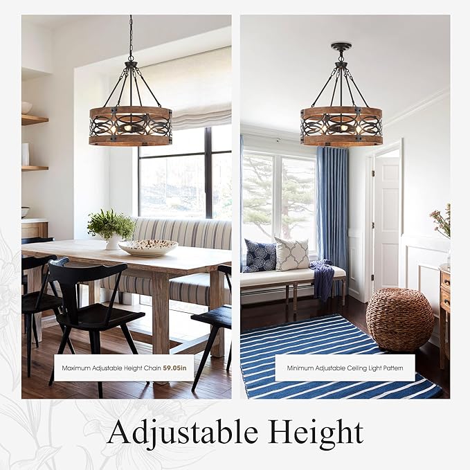 6-Light Farmhouse Drum Wood Pendant Light,19.7'' Vintage Rustic Brown Oak Wood Chandeliers,Retro Industrial Hanging Light Fixtures for Dining Room Entryway, Bedroom