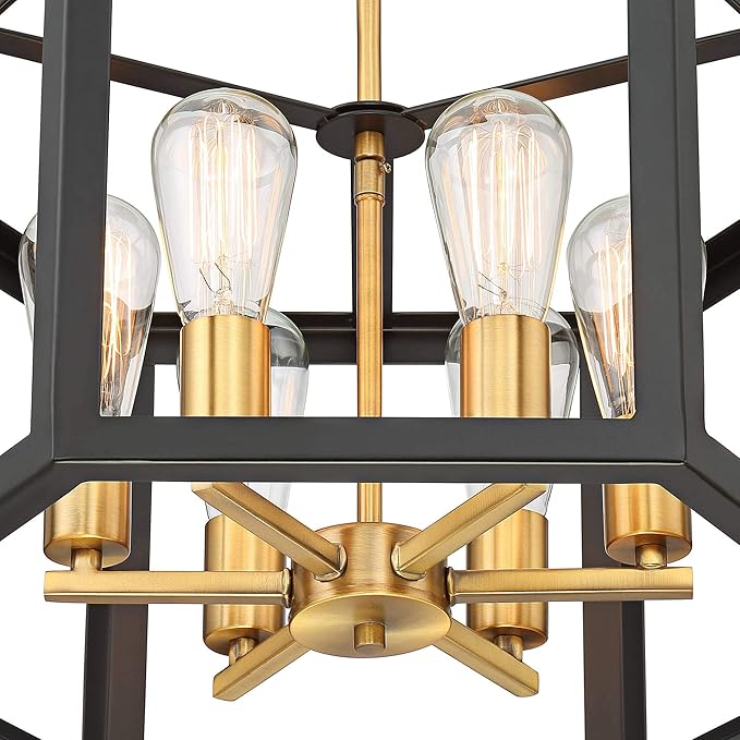 Possini Euro Design Beni Industrial Rustic Farmhouse Ceiling Light Semi Flush-Mount Fixture 20" Wide Antique Bronze Gold 6-Light Open Pentagon Frame for Bedroom Kitchen Living Room Hallway Dining