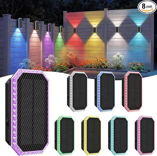 TECKNET Solar Fence Lights Outdoor, 8 Pack Solar Powered Wall Lights, Bi-Directional Up and Down Lighting, IP67 Waterproof RGBW with 8 Colors & Dynamic Cycling for Patio, Porch, Pool Cage