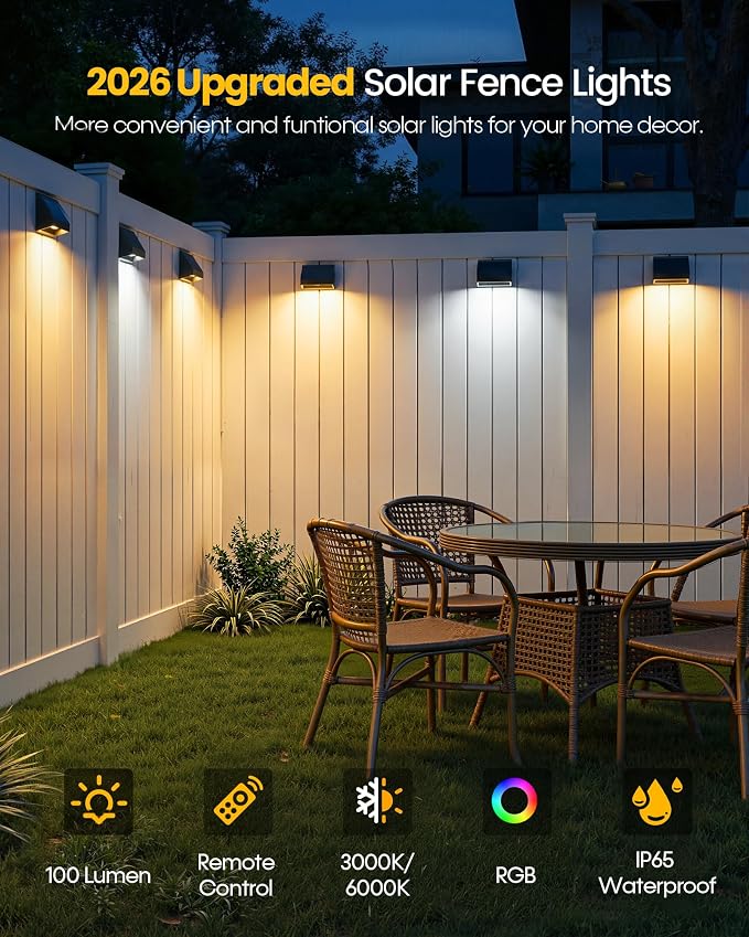 Bridika Solar Fence Lights with Remote, 8 Pack Bright 100 Lumen Fence Lights Solar Powered, 9 Colors&3 Modes, 1500 mAh Solar Wall Lights Outdoor IP65 Waterproof for Backyard, Deck, Patio, Garden