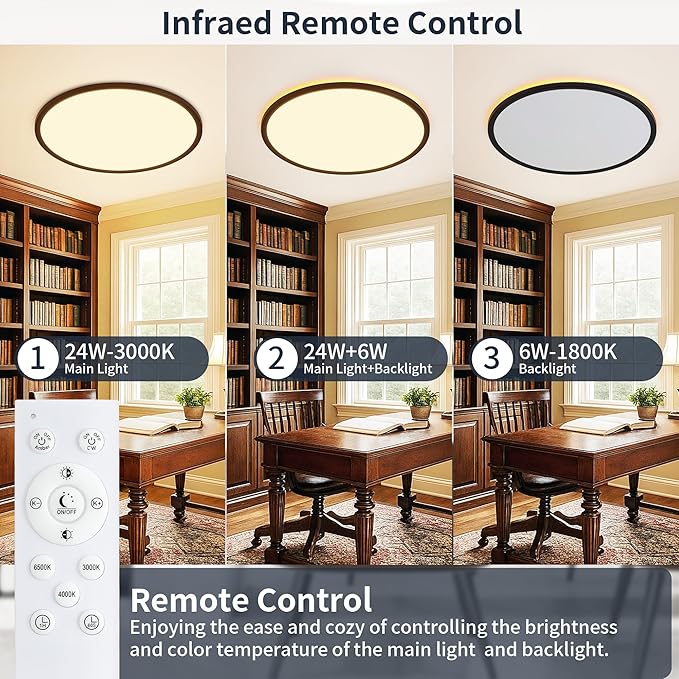 11 Inch Flush Mount Ceiling Light with Night Light, 24W 2400LM, Dimmable LED Ceiling Lights Fixture with Remote Control, 3000K/4000K/6500K Selectable, Slim Bright Bedroom Light Fixture, Round Black