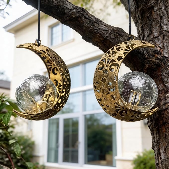 Solar Moon Lanterns Outdoor Waterproof Decor, 2Pack Hanging Decorative Garden Lights, Outside Furniture Accessories Wall Tree Patio LED Ornaments , Mother's Day Fairy Gifts for Women Mom