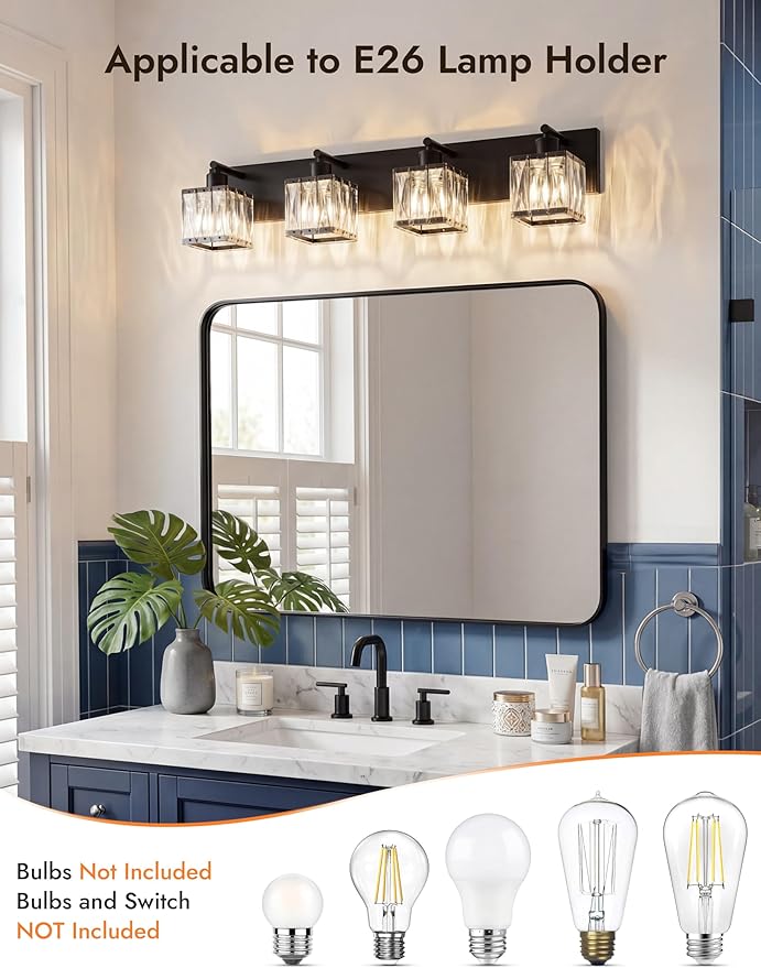 VOLISUN Black Bathroom Light Fixtures, Modern Bathroom Lighting Fixtures Over Mirror, 4 Light Bathrooms Vanity Light, Crystal Vanity Light for Bathrooms-UL Certificated(Exclude Bulb)