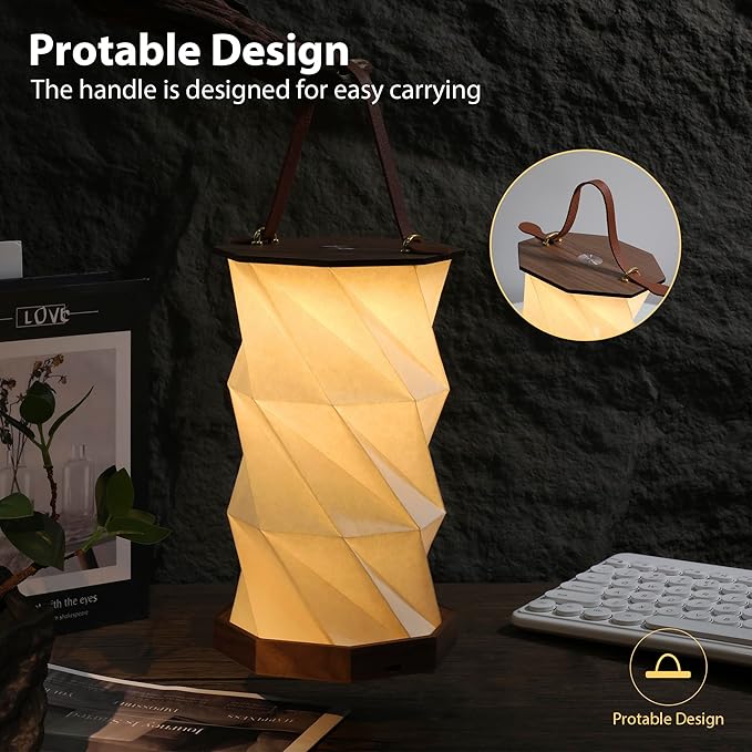 Ba sus Wooden Rotating Table Lamp, Warm Light Design with Leather Handle, Long Press Dimming Function, Built-in Battery & USB Rechargeable, Adjustable Heights for Bedroom, Living Room, Camping