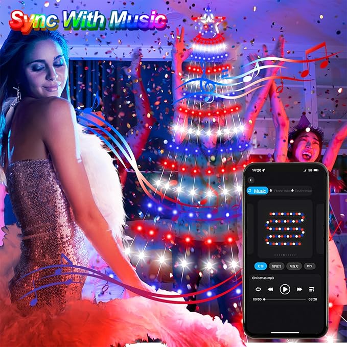 Smart 4th of July Decorations Lights, 18ft 521LED Large DIY Red White Blue Waterfall Tree Lights with Remote Timer Color Changing Light Music Sync APP Control for Garden Yard Patriotic Decor