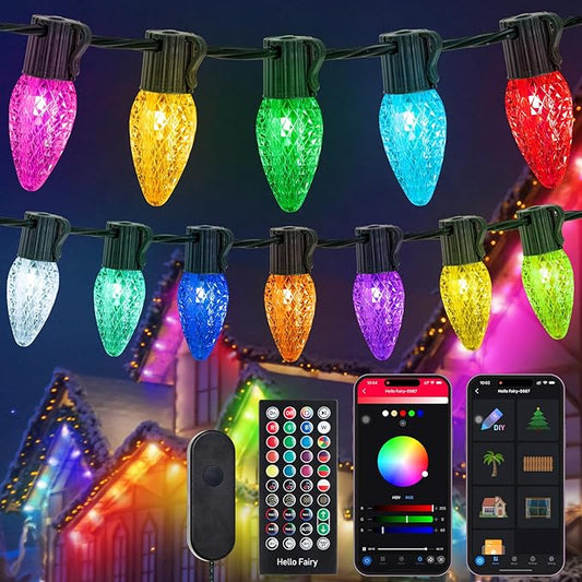 HOLILLUMA Smart C9 Christmas Lights Outdoor, 78FT 100LED RGB Color Changing String Lights, App&Remote Control, Music Sync, Connectable LED Christmas Tree Lights for Outdoor House Holiday Decoration